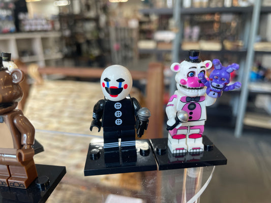 Five Nights at Freddies: Freddy, Chica w/ Guitar, The Puppet, Freddy w/ Red Bonnie, Freddy w/ Purple Bonnie, Bonnie (Security Guard). $6 Each Buy 5 get 1 FREE!!!